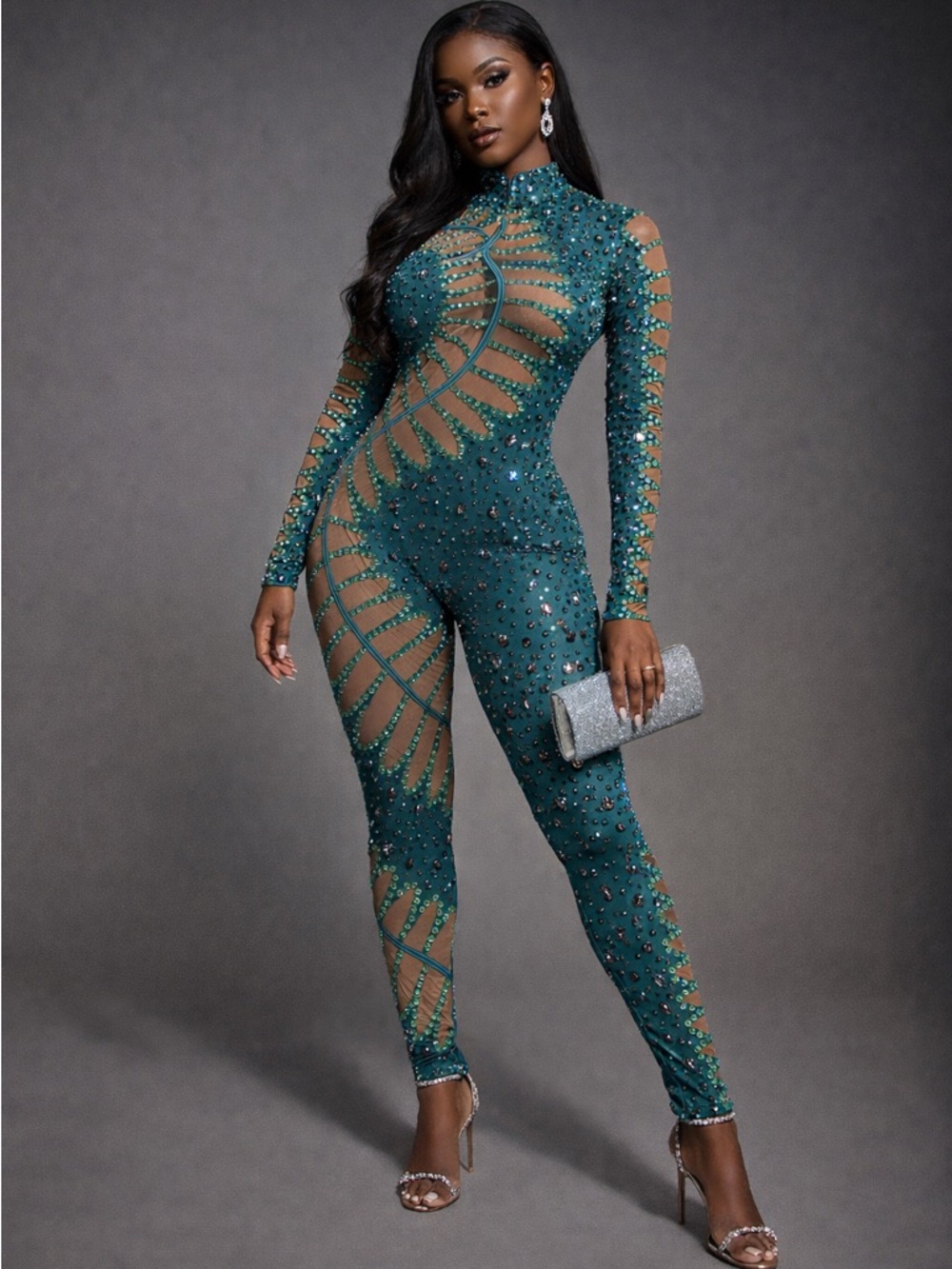 Emerald Sheer-Panel Embellished Jumpsuit